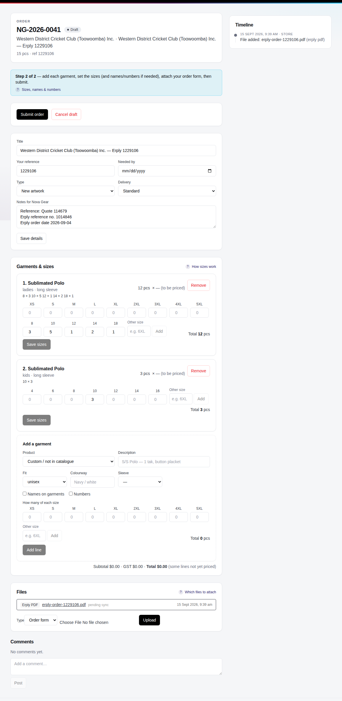 The garments and sizes editor
