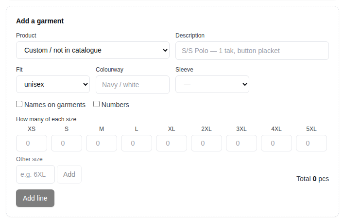 The quantity-per-size grid