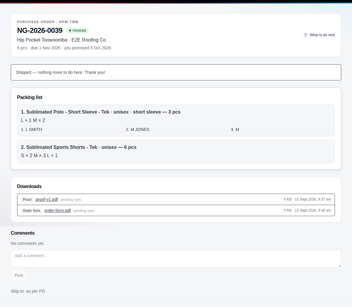 A supplier order page